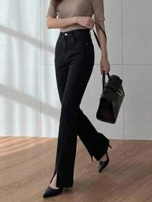 DAZY Solid Color Slit Flared Elegant Jeans - Black - View 9