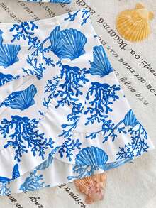 Fresh Blue Seashell & Marine Life Printed Young Girl Swimwear Set With Cover-Up Skirt - Multicolor - View 4