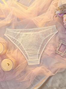 DelicateAllure Culottes transparentes blanches à patchwork en maille avec motif floral 3D mignon pour femmes - Blanc - Voir 2