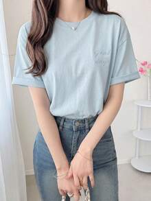 DAZY Letter Embroidery Drop Shoulder Tee Summer Preppy Tops - Baby Blue - View 9