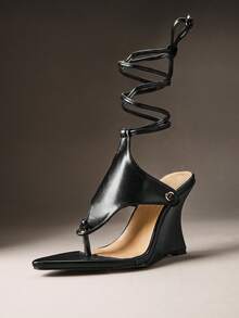 Hauture Ladies Thong Style Tie-Up Strap Wedge Sandals Summer Shoes - Black - View 3