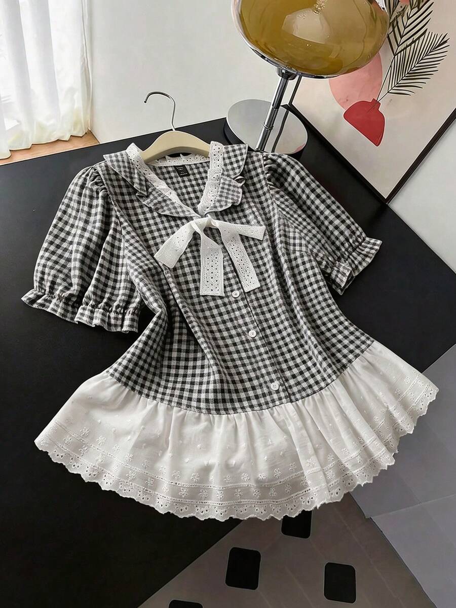 Franclia Plus Size Back-To-School Style Lace Patchwork Collar Plaid Shirt Graduation Black And White Summer Cute - Black - View 1