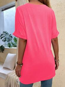 EMERY ROSE Solid Color Knit V-Neck Loose Long Sleeve Casual Plus Size T-Shirt With Side Slit Design, Plus Size T-Shirt - Apricot - View 2