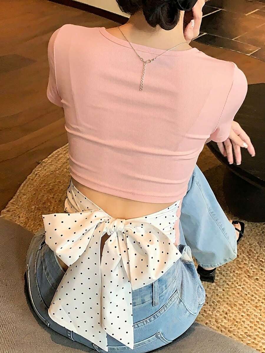 DAZY 女款圓領後背圓點布料拼接蝴蝶結繫帶裝飾鏤空性感甜美T恤 - 粉色 - 查看 1