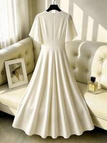 Elenzga Vestido fluido con escote en V cruzado, mangas con volantes de gasa, botones metálicos doble botonadura, cintura francesa elegante con corte evasé, color champán y melocotón claro, adecuado para el trabajo y las vacaciones - Albaricoque - Ver 2