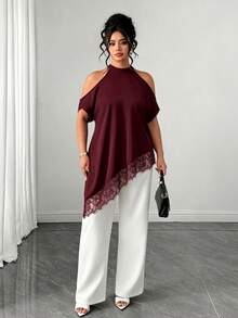 Elenzga Plus Size Summer Fashion Casual Vacation French Vintage Elegant Commuter Lace Patchwork Off-Shoulder Blouse - Burgundy - View 8