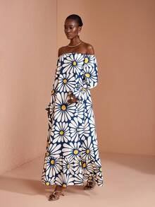 JIAN LASALA All-Over Floral Print Off-Shoulder Lantern Sleeves Women Ruffled Maxi Dress Holiday Vacation Navy Blue Floral Summer Boho - Multicolor - View 4