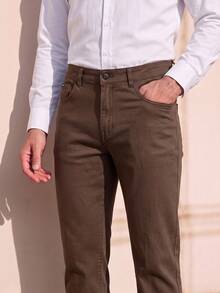 Officeau Celana Kasual Pria Warna Polos dengan Saku Miring, Serbaguna, Musim Gugur - Coffee Brown - View 6