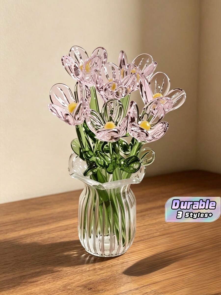 7Pcs Mini Glass Flower Bouquet In Vase, Handmade Colorful Artificial Flower Decor, Tiny Glass Floral Arrangement For Desk, Home Decor & Gift - Multicolor - View 1