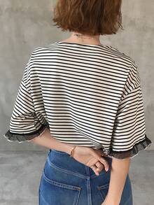 FRIFUL Women's Summer Spring Striped Loose Casual Versatile T-Shirt - Black and White - View 2