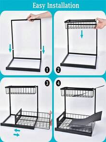 1 buah Rak Penyimpanan Geser Dua Tingkat di Bawah Wastafel, Lemari Laci Geser untuk Dapur, Kamar Mandi, Lemari Pakaian, Pengorganisasi Kabinet Serbaguna, Hemat Ruang, Dapat Diatur, Tahan Karat, Tahan Lama, Mudah Dirakit, Solusi Pengorganisasian Rumah - Hitam - View 4