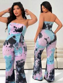 SHEIN EZwear 大尺碼春夏紮染抹胸百褶綁帶上衣與喇叭長褲2件組 - 彩色 - 查看 4