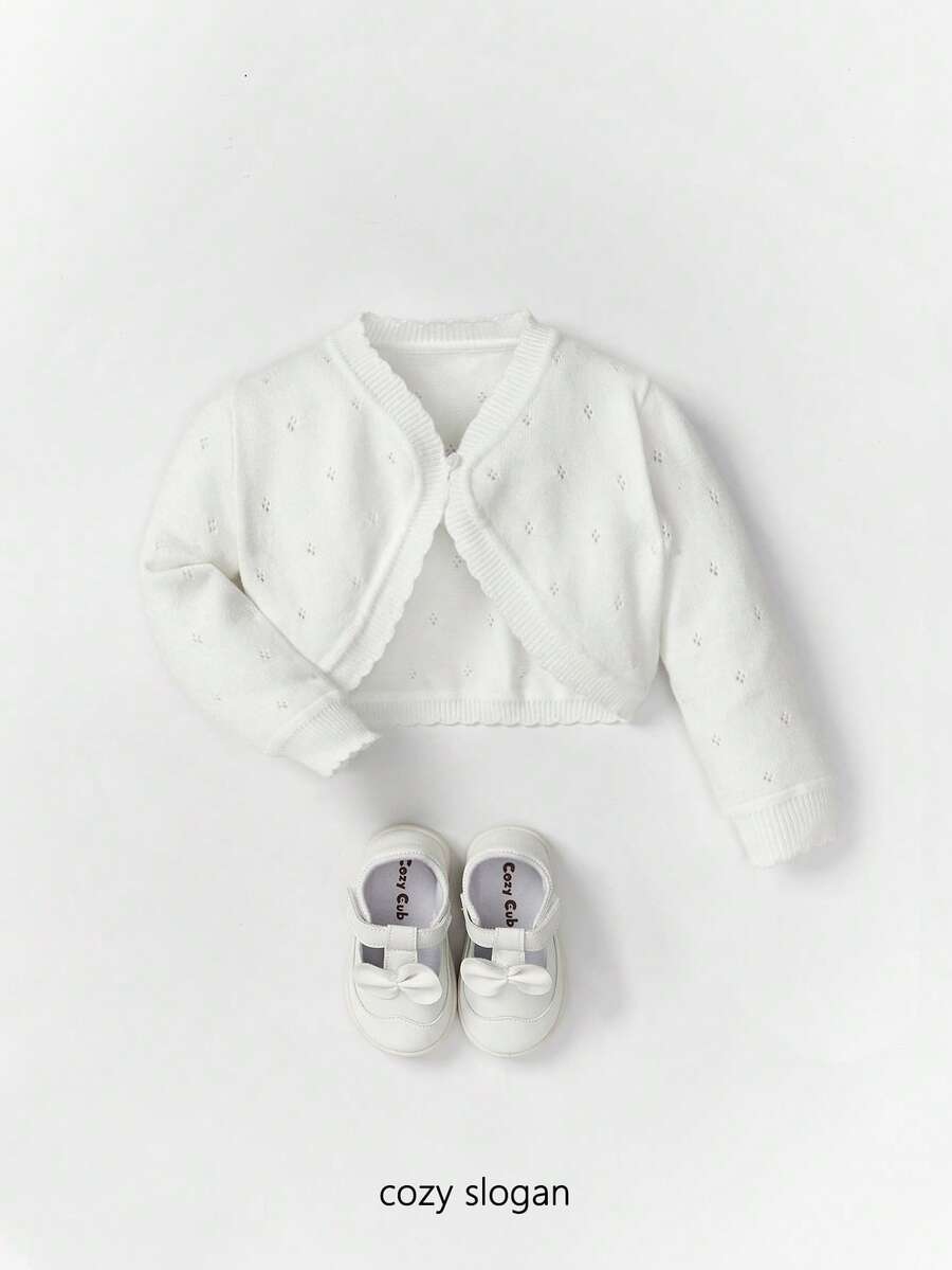 SHEIN Áo len cardigan mỏng dài tay cho bé gái có viền trang trí - trắng - Xem 1