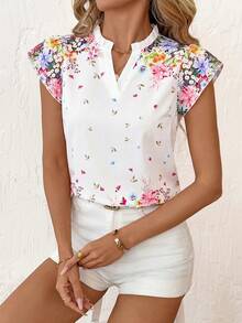 SHEIN Clasi 女款缺口V領花卉印花休閒百搭日常出遊襯衫 - 彩色 - 查看 7