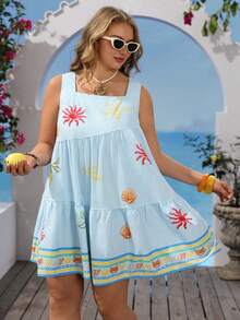Vivid Eden Plus Size Women's Summer Casual Beach Vacation Style Shell & Starfish Striped Print Square Neck Ruffle Hem Sleeveless Dress - Blue - View 2