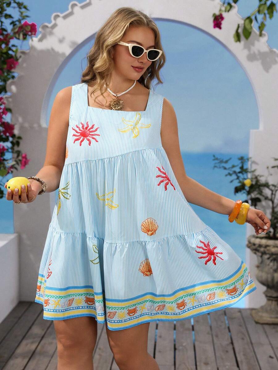Vivid Eden Plus Size Women's Summer Casual Beach Vacation Style Shell & Starfish Striped Print Square Neck Ruffle Hem Sleeveless Dress