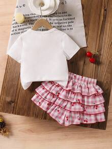 LMoss Kids Young Girl Summer Casual Sweet Cute Plaid Bow Cherry Letter Print Short Sleeve T-Shirt And Multi-Layer Ruffle Skort Set - Multicolor - View 2