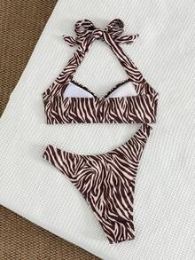 Swim Vcay Summer Beach Vacation Women's Solid Color Halter Neck Bra Swim Bottom Bikini Set Bathing Suit Brown Zebra Print Tropical - Multicolor - View 2