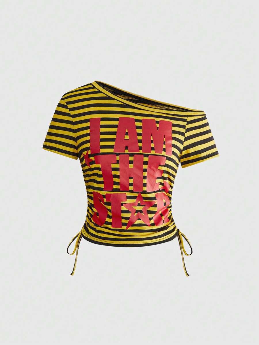 ROMWE Avant Y2k Light Millennium Striped Patchwork Bright Color T-Shirt - Yellow - View 1