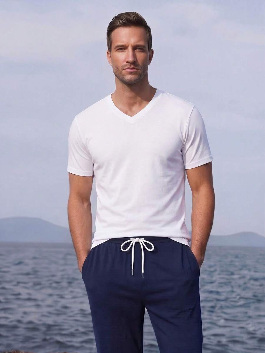 Men's Casual V-Neck Short Sleeve T-Shirt, For Daily Wear, Casual Commuting - White - View 1