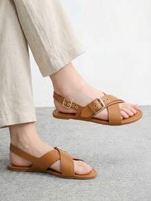 CUCCOO BIZCHIC 女士休闲时尚度假搭扣交叉绑带露趾纯色平底凉鞋 - 咖啡 - 查看 3