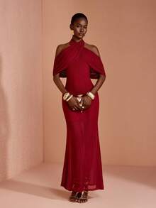 JIAN LASALA Mesh Halter Neck Ruched Sleeve Women Boho Dress Vacation Casual Holiday - Burgundy - View 3