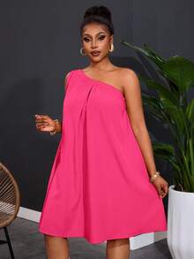 Slaydiva Plus Size Women's One Shoulder Sleeveless Solid Color Wide Leg Dress - Hot Pink - View 4