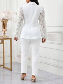 SHEIN Lady Women's Button Lace Patchwork Asymmetrical Hem Blazer And Casual Suit Pants Set - White - View 2