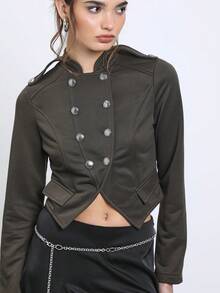 COUREZ Military Napoleon Drummer Fitted Jersey Jacket Y2K Vintage Autumn Fall For Women Going Out Night Out Club Olive Green - Mocha Brown - View 6