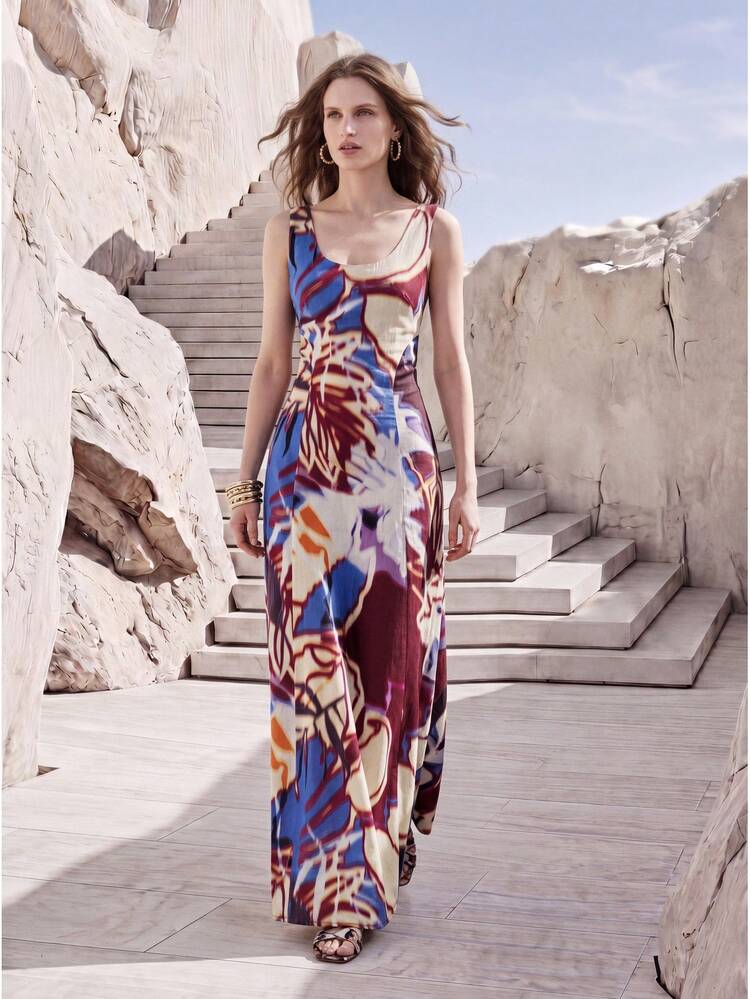 WOMEN'S LINEN BLEND PRINTED PATCHWORK MAXI DRESS