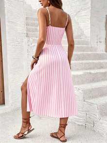 SHEIN Frenchy Abito camisole da donna a righe versatile con spacco e laccetti per le vacanze - Rosa - Visualizzare 2