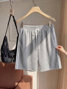 Comfortcana Women's Plus Size Elastic Waist Drawstring Side Stripe Grey Shorts - Grey - View 3