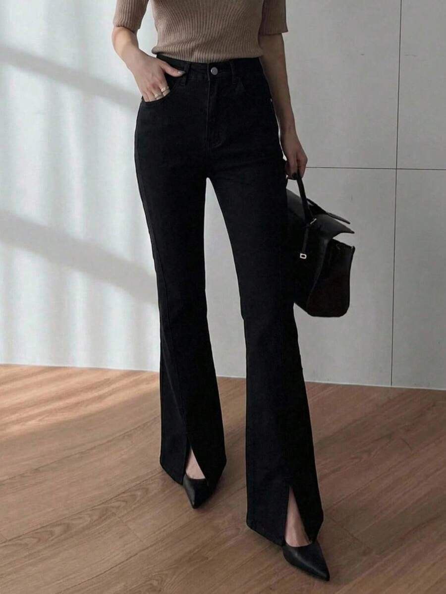 DAZY Solid Color Slit Flared Elegant Jeans - Black - View 1
