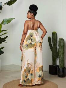 Maweii Damen Große Größen Set aus geraffeltem Cami Top-Top mit Blume Muster und weiter Hose, Lässig Outfit - Verschiedenfarbig - Übersicht 7
