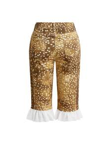ROMWE Kawaii Women's Vintage Forest Style Deer Print Lace Patchwork Ultra Low Waist 5-Inch Denim Shorts - Brown - View 4