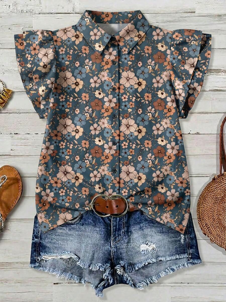 EMERY ROSE Plus Size Summer Floral Print Front Button Ruffle Hem Shirt - Multicolor - View 1