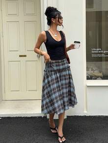 Aloruh 女款夏季新款優雅可愛時尚網紗性感休閒時髦學院風卡其藍格紋抓皺荷葉邊綁腰迷你裙 - 藍色 - 查看 6
