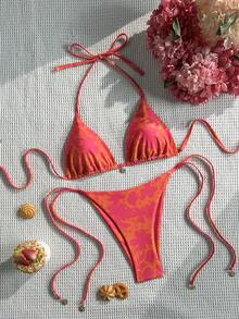 Swim Vcay 女款夏季海灘度假掛脖綁帶露背性感比基尼泳衣兩件組 - 紅色 - 查看 6