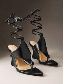 Hauture Ladies Thong Style Tie-Up Strap Wedge Sandals Summer Shoes - Black - View 4