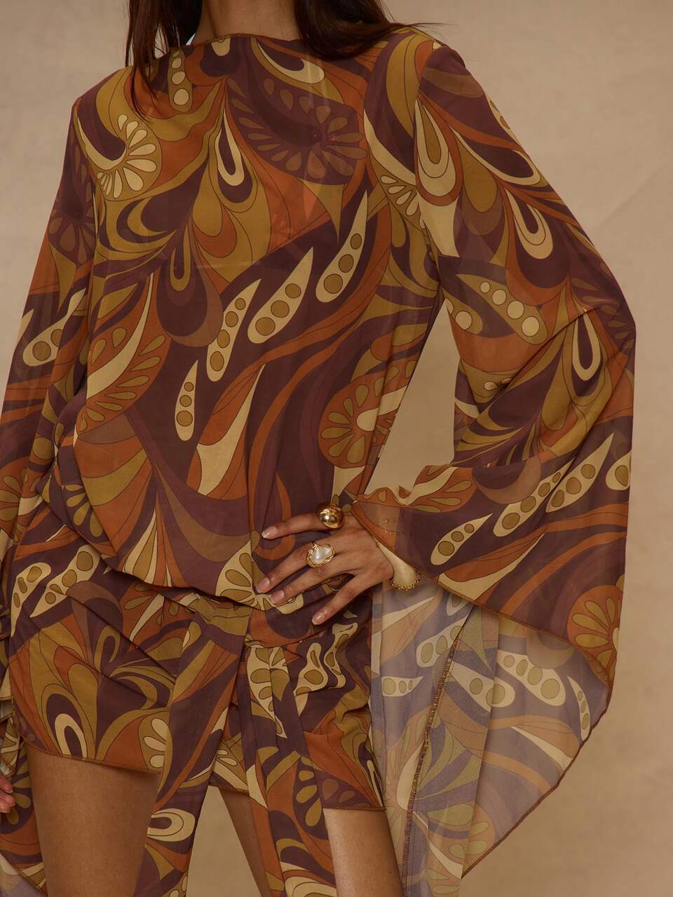 Green Bohemian Print Chiffon Tie Waist Bell Sleeve Romper