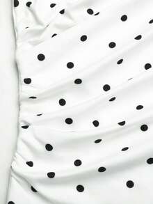 SHEIN Body & Mono para niñas preadolescentes, mono ajustado de punto blanco con estampado de lunares y cintura fruncida - Blanco - Ver 3