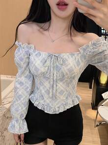 Joudiya 秋季蕾絲露肩上衣 前綁帶收腰短袖女款襯衫 適合婚禮野餐茶會宴會 藍白配色 優雅可愛 長袖 - 藍色 - 查看 6