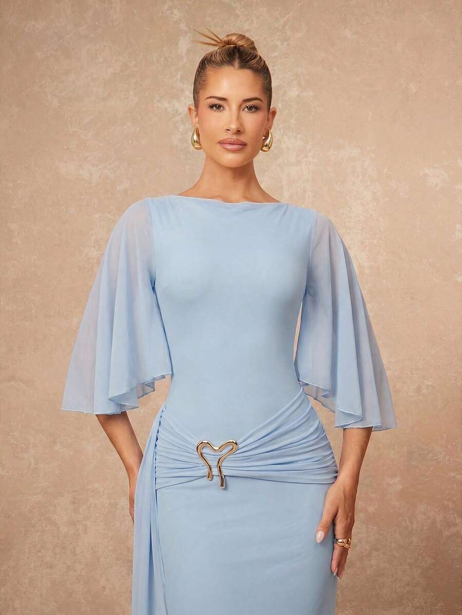 Lumalex 女款春夏優雅性感黃色圓領金屬扣裝飾緞帶設計百褶設計蝙蝠袖修身貼身洋裝 - 淺藍色 - 查看 1