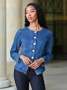 Mima John Women's Blue Denim Jacket With Round Neck, Long Sleeves And Waist, Decorated With Metal Buttons, Suitable For Korean-Style Workplace Wear In Autumn Winter Casual Spring - Dark Wash - View 4