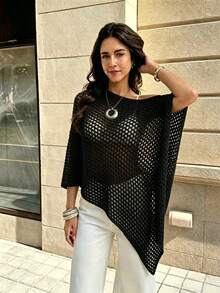 SHEIN PariChic Hollow Out Semi-Transparent Round Neck Asymmetric Hemline Sweater - Black - View 5