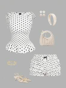 Skyraze Women's Boat Neck Sleeveless Bow Tie Polka Dot Waist Gathered Top And Shorts Sweet Two Pieces Set - White - View 2