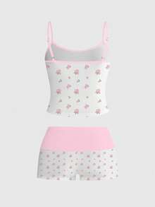 ROMWE Ensemble deux pièces pour femme rose vintage, camisole rose à fleurs, sexy et à la mode, style hot girl, sombre - Rose bonbon - Voir 2