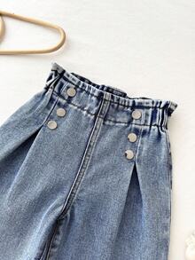 LMoss Kids Celana Panjang Denim Longgar Berlipit Kancing Kasual Serbaguna untuk Bayi Perempuan - Medium Wash - View 4
