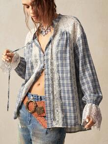 Bohemela Spring/Summer|Women's Casual Woven Vintage Plaid Lace Patchwork Shirt|Daily/Beach/Vacation/Festival/Party|Western|4th Of July|Country Concert|Juneteen - Blue - View 2