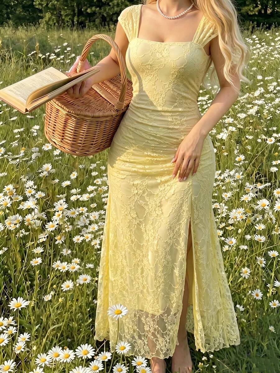 Modelyn 女款無袖黃色優雅蕾絲洋裝，腰部設計、不對稱A字裙擺與開衩